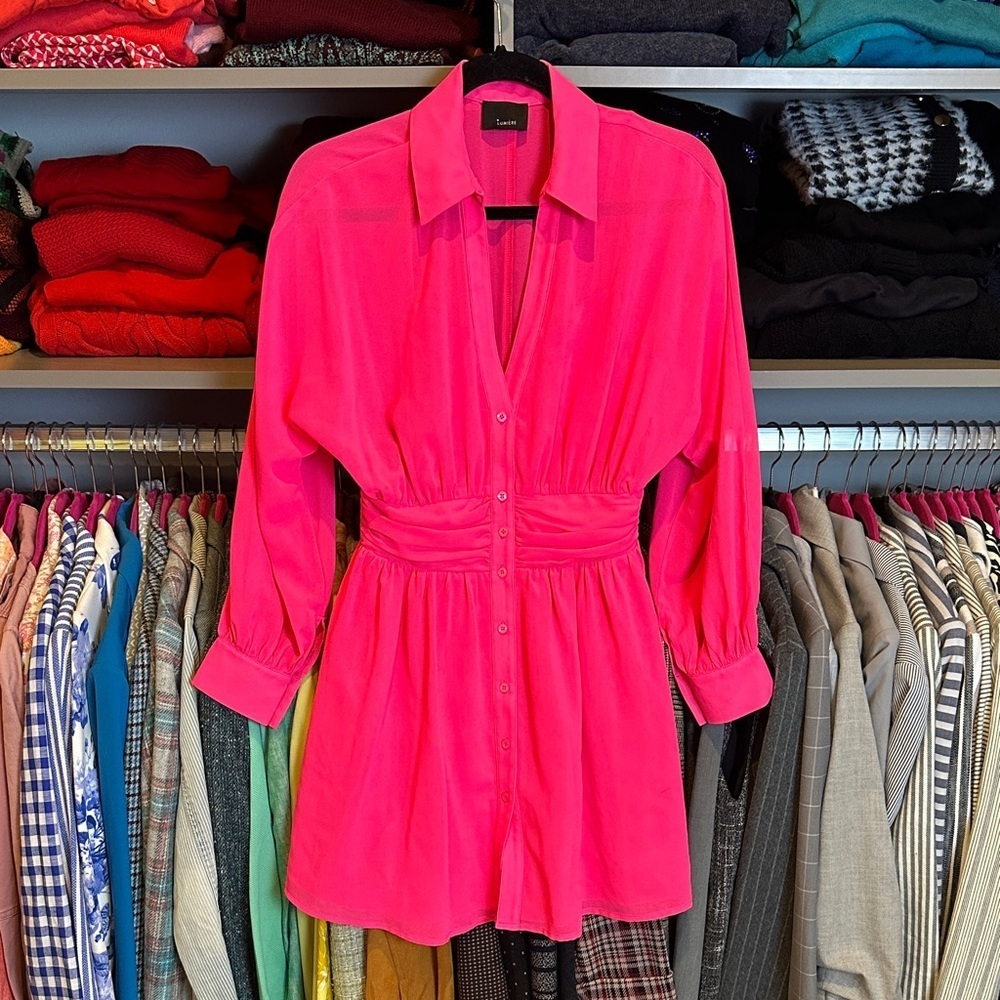 Lumiere fluorescent pink long sleeve lined elastic waistband dress size S